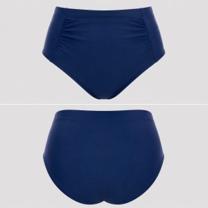 Women's plus-size navy high-waisted bikini bottoms with wide elastic waistband, front and back view