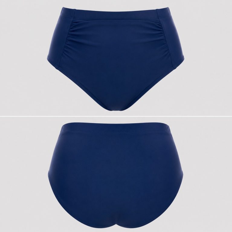 Women's plus-size navy high-waisted bikini bottoms with wide elastic waistband, front and back view