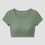 Women's forest green ribbed knit short sleeve crop top flat lay front view, scoop neck, lettuce-edge sleeve hem detail