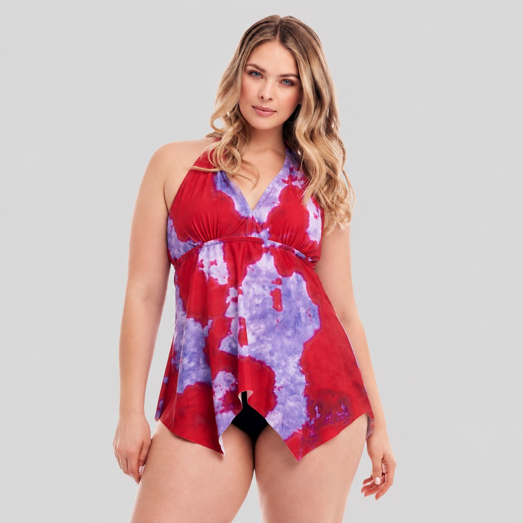 Women’s Plus Size Tankini – OEM Red Purple Watercolor Halter Neck Tankini Top + Brief Manufacturer | Northern Garment