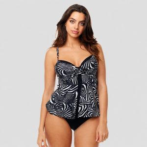 Women's black and white zebra print underwire tankini top with matching high-waist brief model back view, cross-back cutout detail