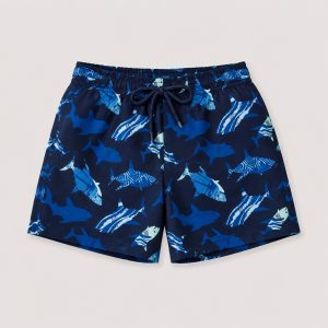 Boys Swim Trunks Navy Sharks Front View