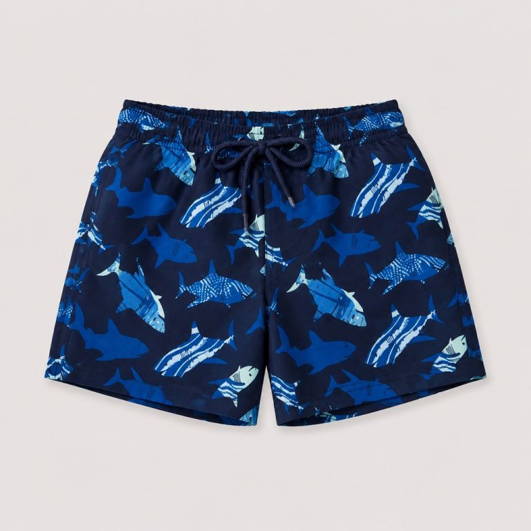 Boys Swim Trunks Navy Sharks Front View