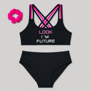 Front flat-lay black sport bikini with LOOK I'M FUTURE graphic and scrunchie