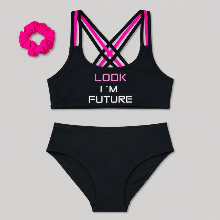 Front flat-lay black sport bikini with LOOK I'M FUTURE graphic and scrunchie