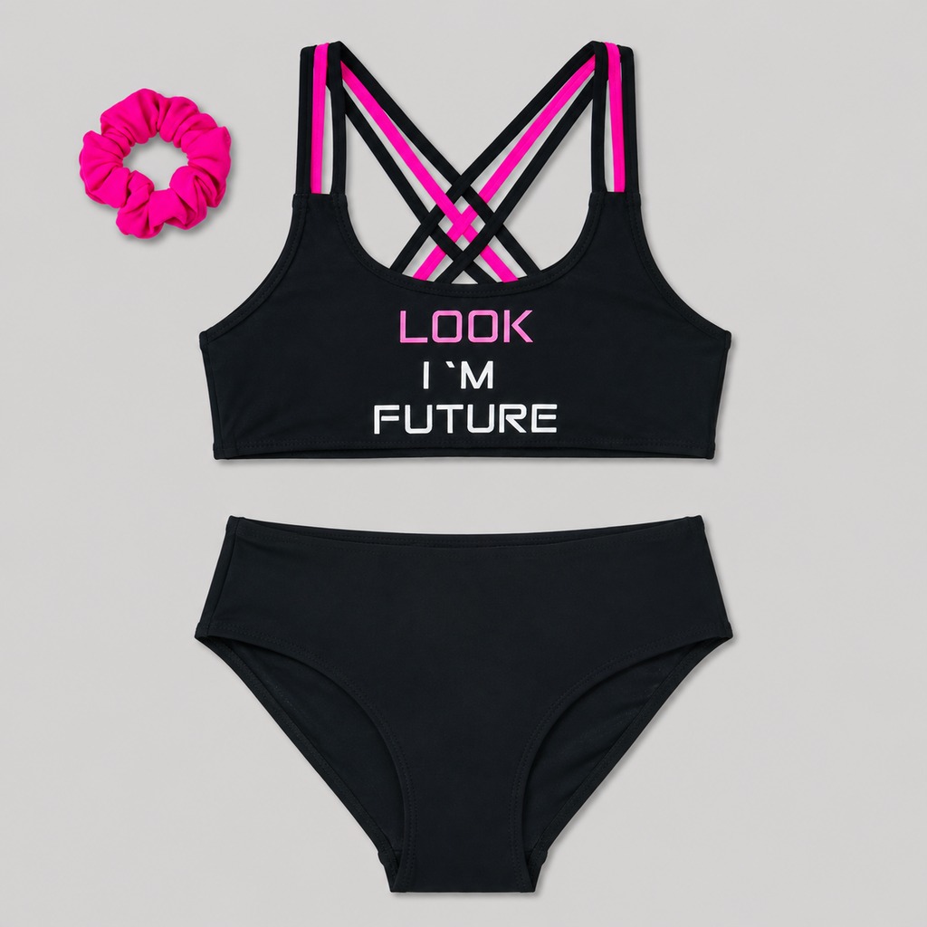 Girl’s Sport Bikini Black ‘LOOK I’M FUTURE’ – OEM Children’s Sport Swimsuit Manufacturer | Northern Garment