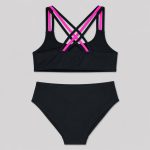 Back flat-lay black sport bikini with neon pink crisscross straps