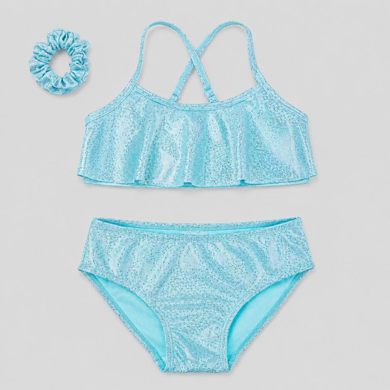 Front flat-lay turquoise silver shimmer bikini with ruffle top and scrunchie