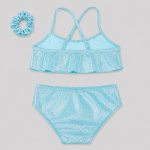Back flat-lay turquoise silver shimmer bikini with X-strap and skater brief