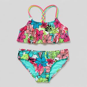 Front flat-lay multicolor tropical floral with neon straps