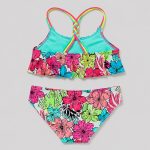 Back flat-lay multicolor tropical floral, X-back neon braided straps