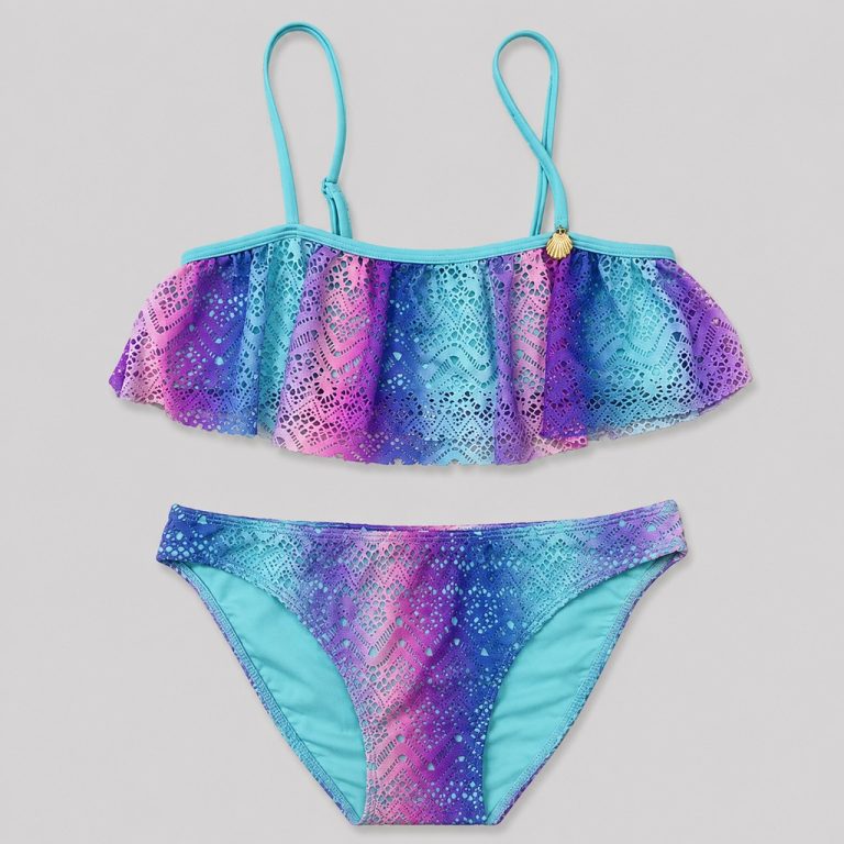 Front flat-lay multicolor zigzag chevron with ruffle hem and shell charm