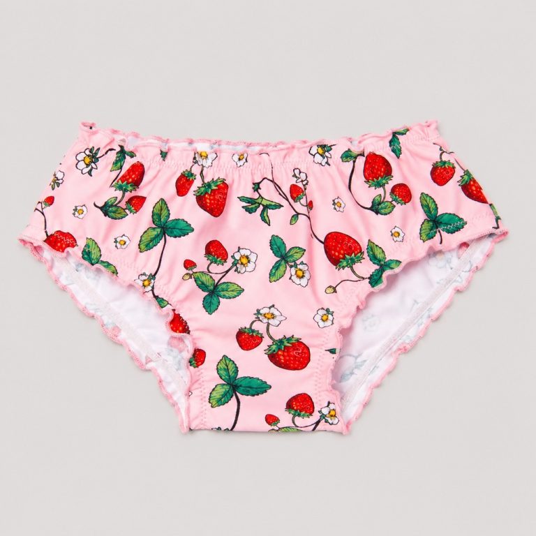 Front flat-lay pink strawberry print with ruffle trim