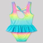 Back flat-lay mermaid rainbow ombre with foil scale print, self-tie bow