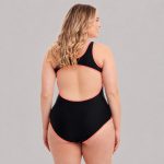 Back view black with coral trim, large back cutout