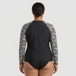 Women's plus size rash guard back view - black with daisy print sleeves