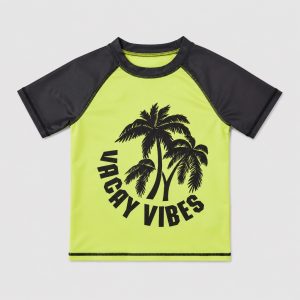Front flat-lay neon yellow rashguard with VACAY VIBES palm tree graphic
