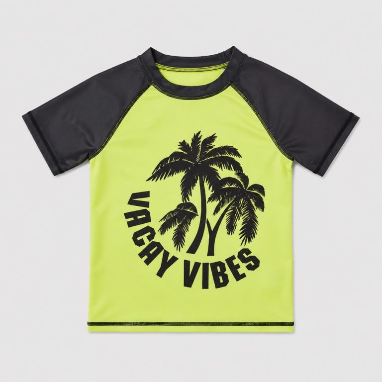 Front flat-lay neon yellow rashguard with VACAY VIBES palm tree graphic