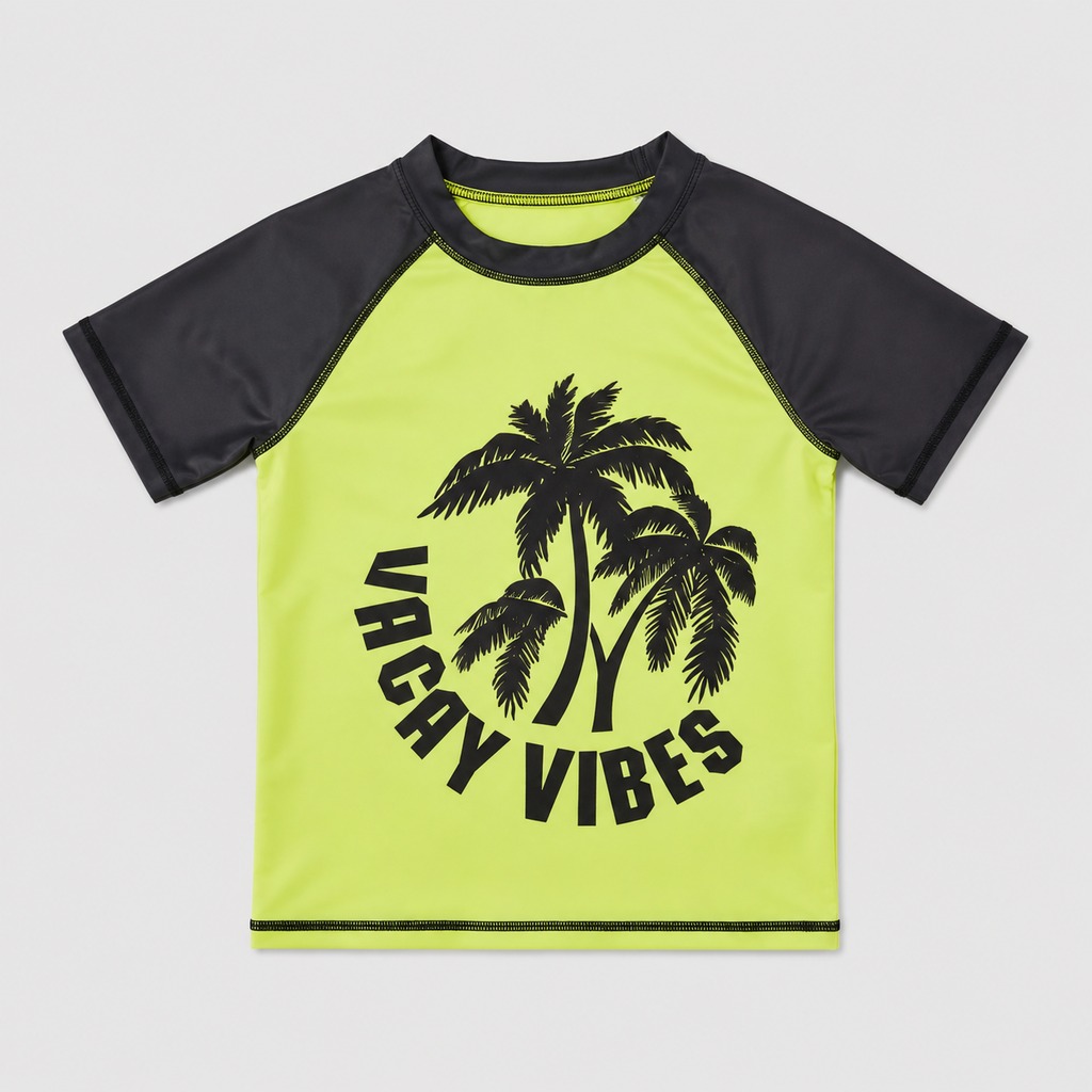 Boy’s Short-Sleeve Rashguard VACAY VIBES Yellow – OEM Children’s UV Swim Shirt Manufacturer | Northern Garment