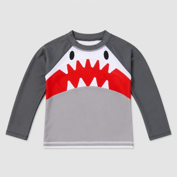 Front flat-lay charcoal rashguard with shark face print