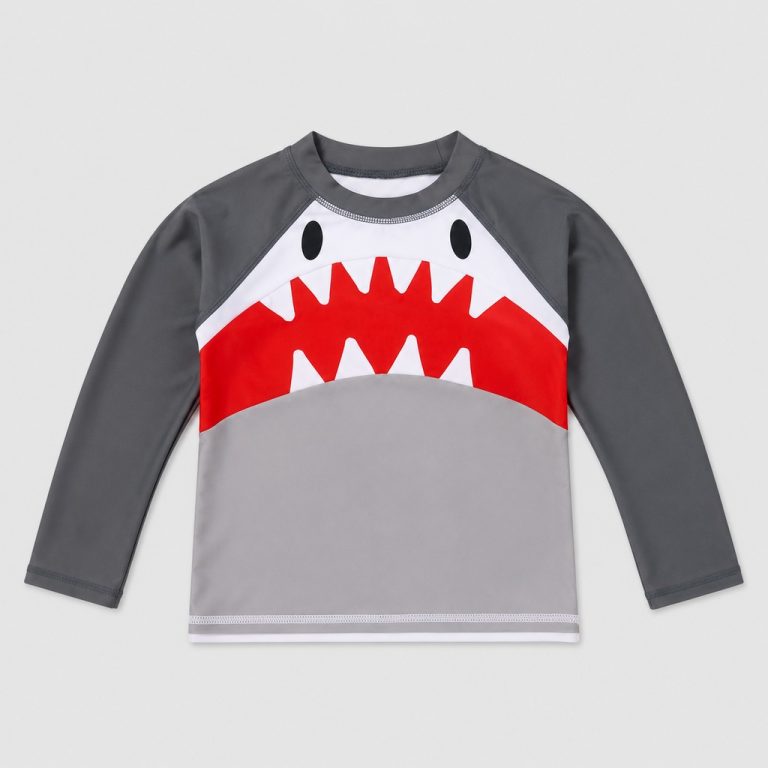 Front flat-lay charcoal rashguard with shark face print