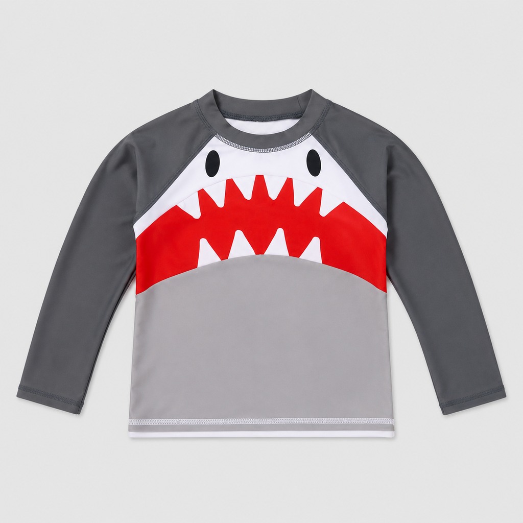 Boy’s Long-Sleeve Rashguard Shark Face Charcoal – OEM Children’s UV Swim Shirt Manufacturer | Northern Garment