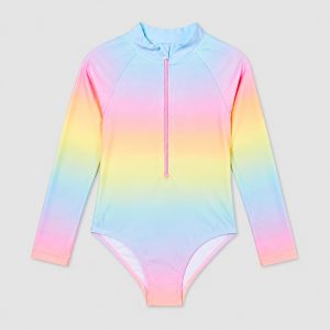 Front flat-lay rainbow ombre long-sleeve rashguard with mock neck and half-zip