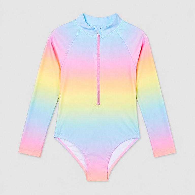 Front flat-lay rainbow ombre long-sleeve rashguard with mock neck and half-zip