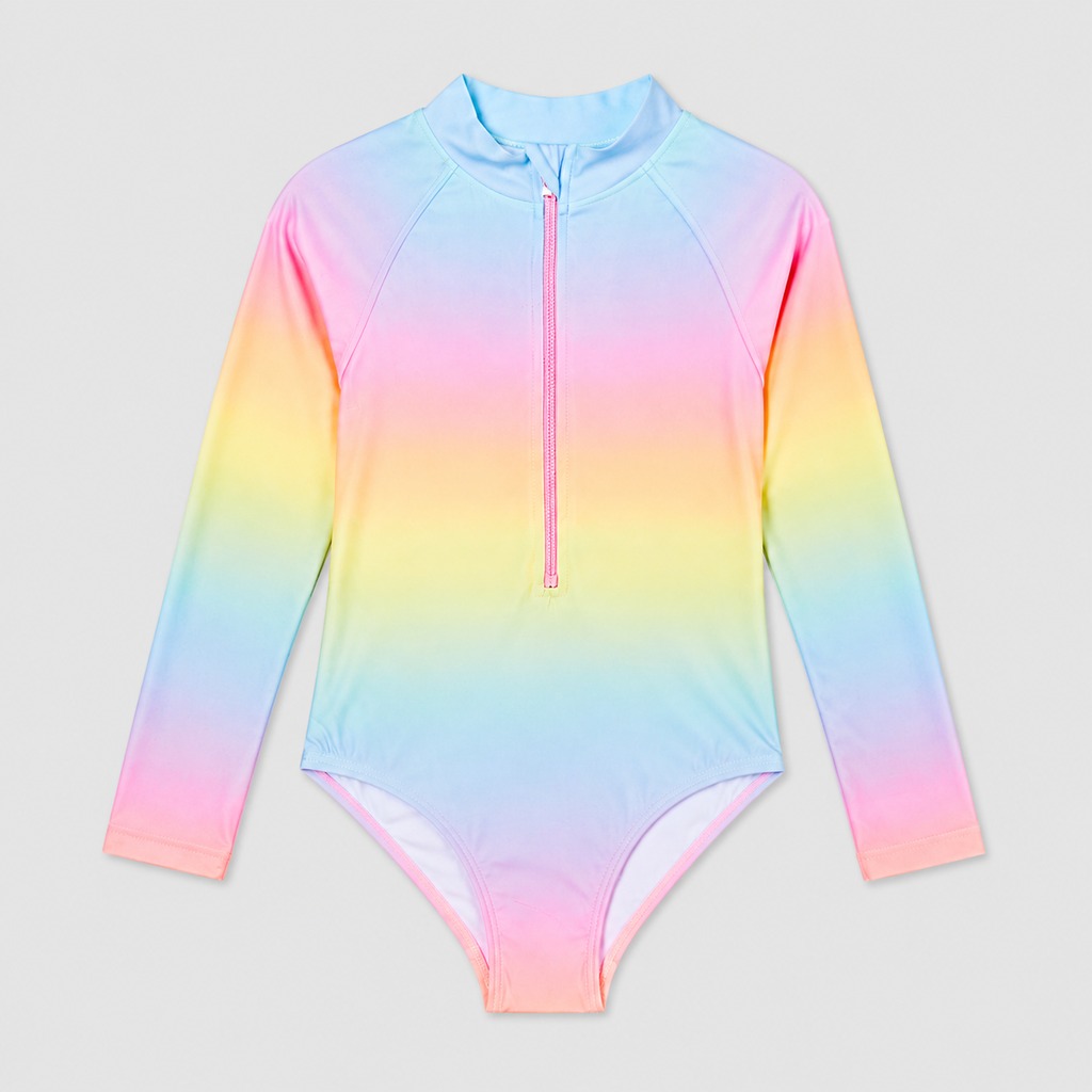 Girl’s Long-Sleeve Rashguard Rainbow Ombre – OEM Children’s UV Swim Shirt Manufacturer | Northern Garment
