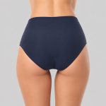 Women's ruched-waist swim trunks in navy - on-model back view, OEM wholesale women's swimwear