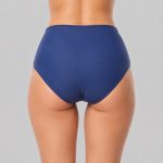 Women's ruched-waist swim trunks in royal blue - on-model back view, OEM wholesale women's swimwear