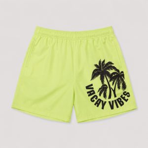 Front flat-lay neon yellow swim trunks with VACAY VIBES palm tree graphic