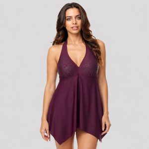 Women's plus size halter swimdress in burgundy - front view, OEM wholesale women's plus-size swimwear