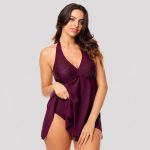 Women's plus size halter swimdress in burgundy - side view, OEM wholesale women's plus-size swimwear