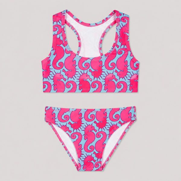 Pink with sky blue seahorse print top + bottom set