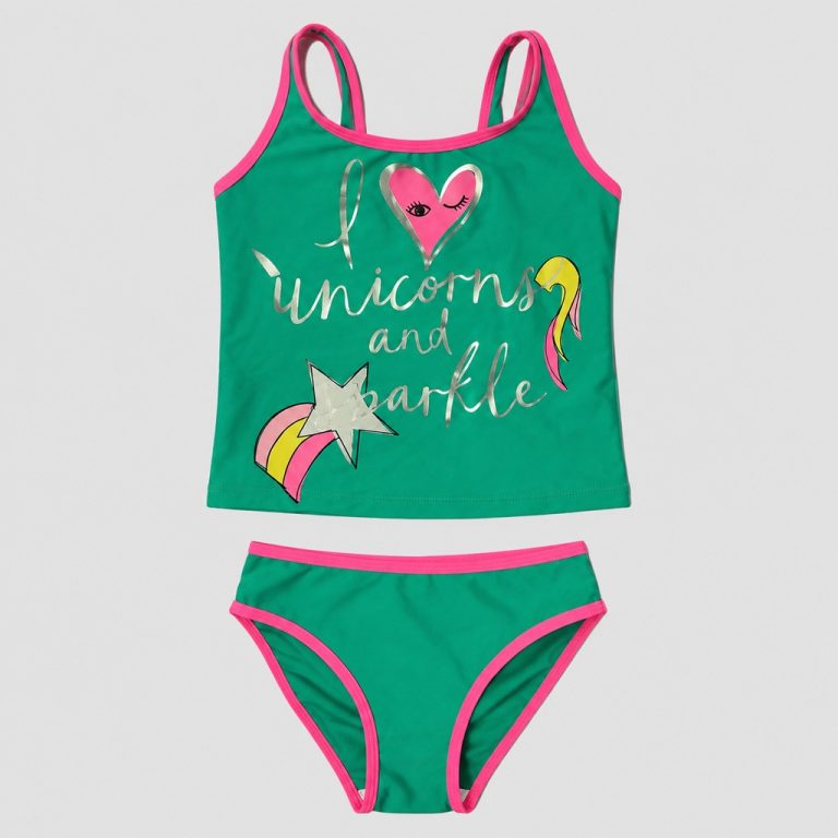 Front flat-lay green tankini with metallic foil unicorn graphic and pink straps