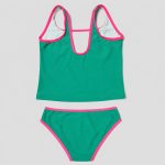 Back flat-lay green tankini with racerback and pink binding, matching pink brief