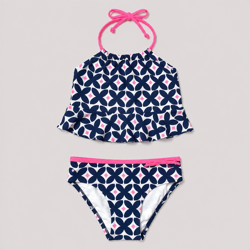 Girl’s Tankini Navy Geometric Diamond – OEM Children’s Two-Piece Swimsuit Manufacturer | Northern Garment