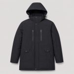 Men's sherpa-lined long puffer parka in black - flat front view