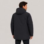 Men's sherpa-lined long puffer parka in black - model back view