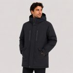 Men's sherpa-lined long puffer parka in black - model front hood up view