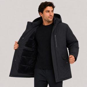 Men's sherpa-lined long puffer parka in black - model front open showing sherpa lining view