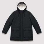 Men's sherpa-lined hooded parka jacket in black - flat front view