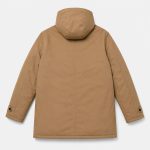 Men's sherpa-lined hooded parka jacket in khaki - flat back view