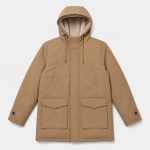 Men's sherpa-lined hooded parka jacket in khaki - flat front view