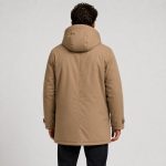 Men's sherpa-lined hooded parka jacket in khaki - model back view