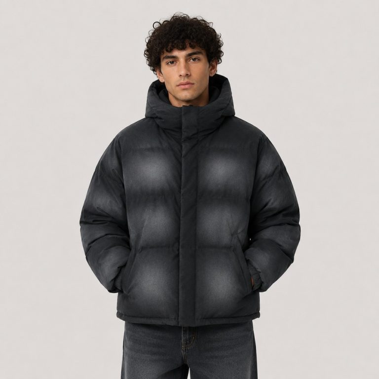 Men's distressed-wash puffer jacket in black - model front view