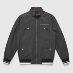 Men's lightweight cotton bomber jacket in charcoal gray with 4-pocket front, ribbed hem/cuffs - flat front view, OEM wholesale outerwear