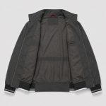 Men's lightweight cotton bomber jacket in charcoal gray with 4-pocket front, ribbed hem/cuffs - interior view, OEM wholesale outerwear