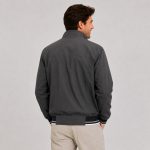 Men's lightweight cotton bomber jacket in charcoal gray with 4-pocket front, ribbed hem/cuffs - model back view, OEM wholesale outerwear